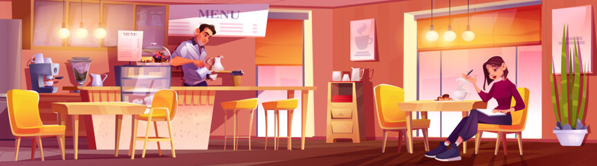 Coffee shop interior panoramic scene with barista preparing beverages at counter, female customer works at table. Modern cafe setting with wooden furniture, yellow chairs, display case, pendant lamps.