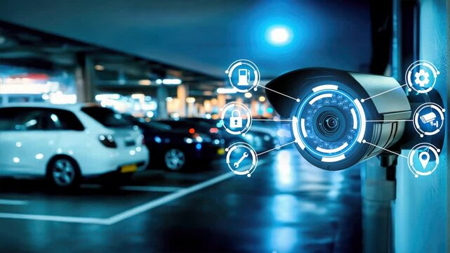CCTV camera in a nighttime parking lot with security icons and cars in background, representing automated security, vehicle protection, and car cybersecurity