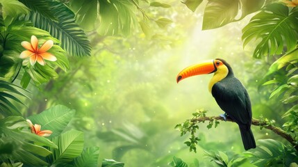 Naklejka premium Toucan perched on branch amidst lush tropical foliage