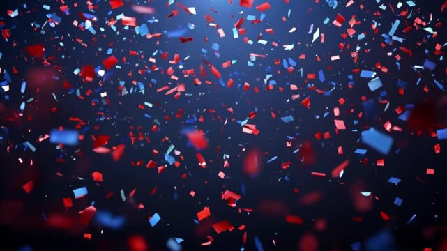 Red, blue, and white confetti falling against dark background, perfect for festive celebrations, patriotic events, and themes inspired by the USA or France