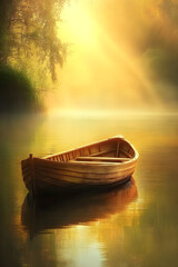 Fototapeta premium Serene Wooden Boat at Peace on Sunlit Tranquil Waters, Reflecting Nature's Calm