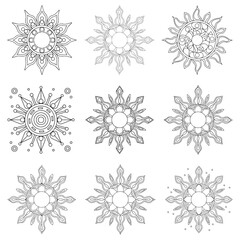 Sun Moon symbols as a face inside ornate mandala. Round pattern. Vintage decorative vector illustration isolated on white. Hand drawn. Retro style card design. Coloring book for kids and adult.