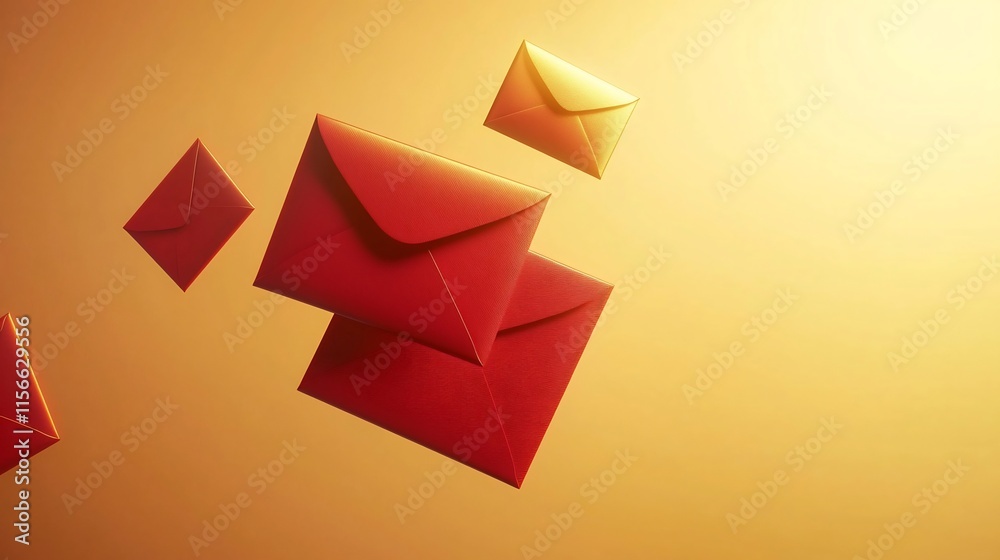 Poster elegant and modern 3d featuring floating red envelopes on a golden gradient background with reserved