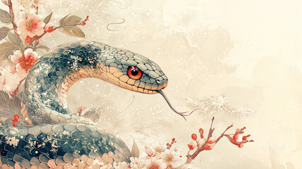Elegant New Year's card design for the Year of the Snake with intricate scales and Japanese-style composition