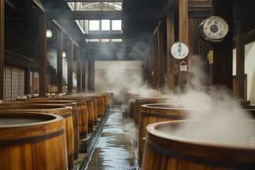 Traditional Sake Brewery Interior with Wooden Barrels and Steaming Fermentation Vats in Japan