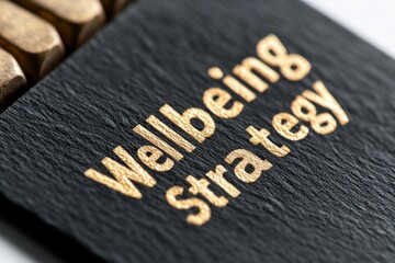 Wellbeing Strategy Concept: Close-Up of Embossed Text on Textured Black Surface for Wellness, Mental Health, and Corporate Inspiration"