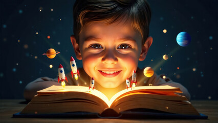 close up portrait of a boy reading a science fiction book about the planets and the solar system, concept science fiction day