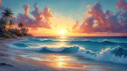 Fototapeta premium Serene Tropical Sunset Beach Scene With Palm Trees