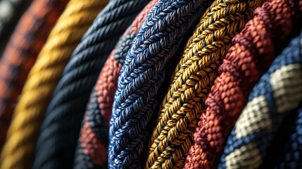 A close-up of braided rope reveals its intricate textures and vibrant colors, showcasing the craftsmanship, durability, and versatility of the material.