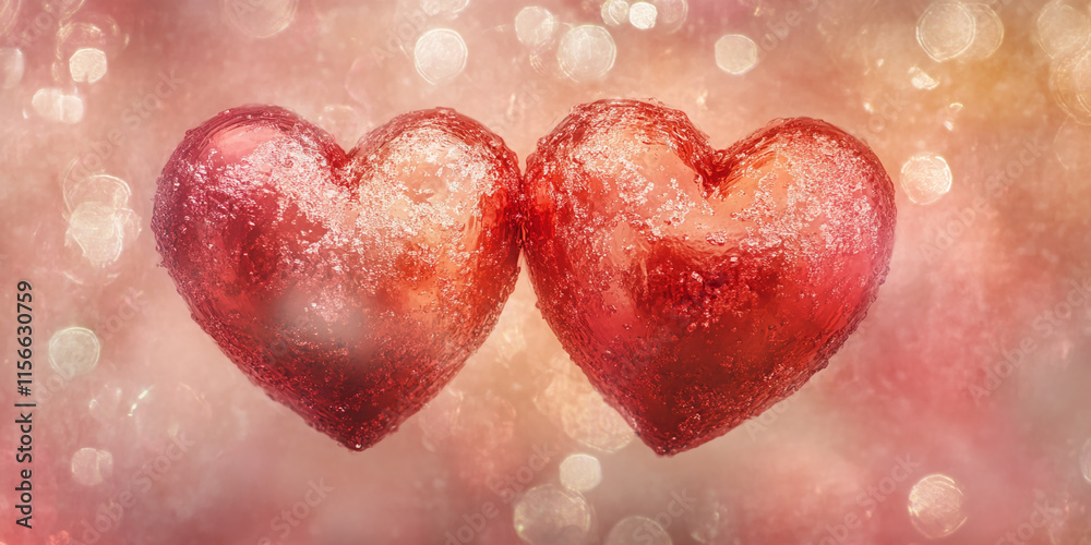 Poster two frosted red hearts with sparkling golden bokeh background symbolizing love and valentine's day