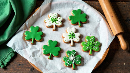 top view of gingerbread and shamrock-shaped cookies covered with green and white icing,on baking paper, St. Patrick's Day concept