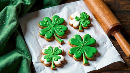 top view of gingerbread and shamrock-shaped cookies covered with green and white icing,on baking paper, St. Patrick's Day concept