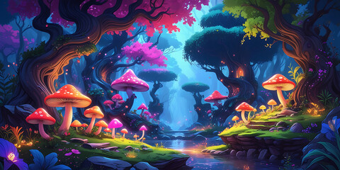 Exotic Forest with Strange and Beautiful mushroom. created by generative ai