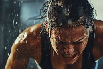 An unwavering athlete trains intensely in the gym, sweat glistening on their face as they demonstrate grit and resolve to conquer challenges.