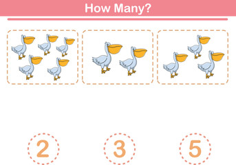 Counting game of pelicans for preschool kids. Printable. Vector Illustration