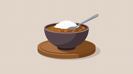 Flat 2.0 Art Illustration of a Bowl of Curry Rice with Spoon on Wooden Board