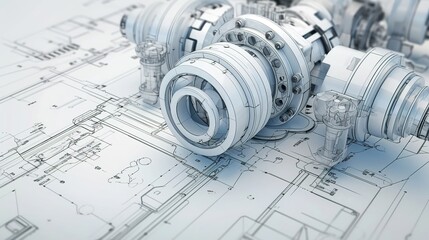 A close-up of an industrial machine, with intricate blueprints and designs visible in the background, highlighting its precision engineering. 3D illustration, high-resolution photography。