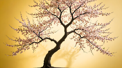 Fototapeta premium cherry blossom tree isolated on yellow background with copyspace