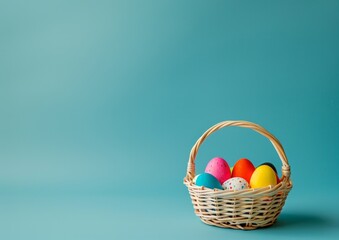 Easter Basket with Colorful Eggs on Blue Background