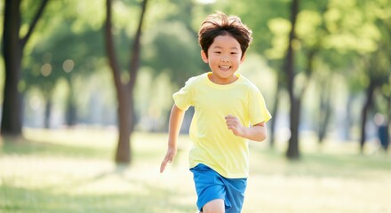 Obraz premium Joyful asian child running in park on sunny day