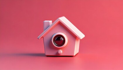 A minimalist pink house model featuring a camera lens, symbolizing home security and surveillance in a modern design.