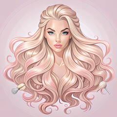 Illustration of woman with long wavy pink hair / Ilustración de mujer con largo cabello rosado ondulado