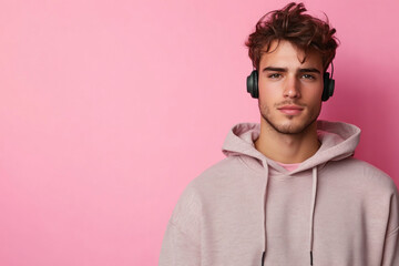 Obraz premium A young man wearing headphones, facing the camera.