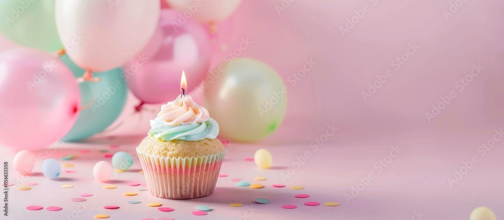 Wall mural Festive cupcake with candle and pastel balloons on pink background.