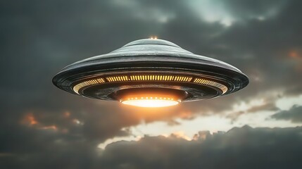A classic flying saucer UFO hovers in a dramatic, cloudy sky at sunset.