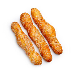 Three loaves of bread with sesame seeds, on a white background, isolated. Top view.