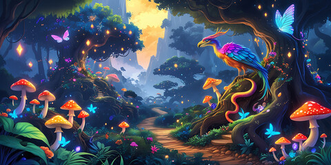 Exotic Forest with Strange and Beautiful mushroom. created by generative ai