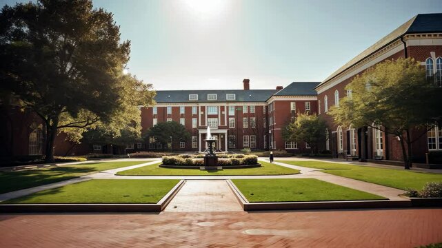 A brick path leads to a fountain in the center of a university courtyard, surrounded by stately brick buildings with large windows and lush trees under a bright blue sky