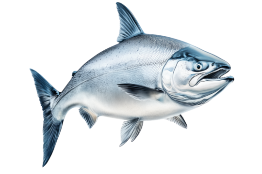Raw salmon fish with detailed fins and scales, isolated on white transparent background, concept of marine life.