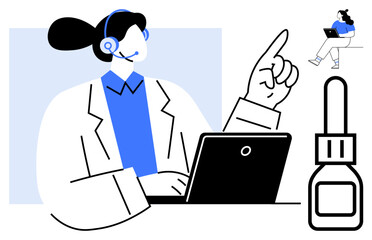 Medical professional with headset gesturing while using laptop, dropper beside. Smaller figure using laptop. Ideal for telemedicine, virtual assistance, online consultations, remote healthcare
