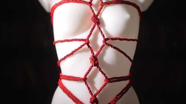 A dark, sensual slow-motion shot of a white mannequin wrapped in red silk Shibari ropes, Japanese Art