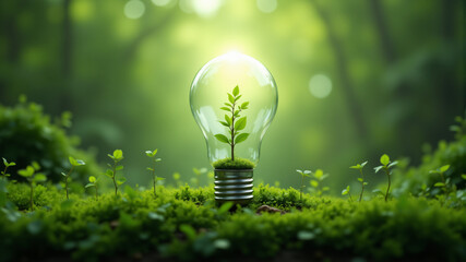 A light bulb encasing a green plant, symbolizing sustainability and environmental awareness.