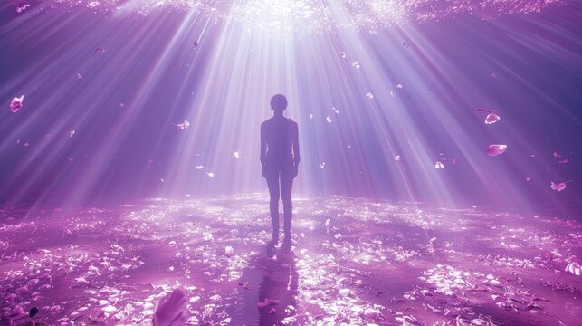 Silhouetted figure standing in a mystical, purple, petal-filled landscape bathed in ethereal light.