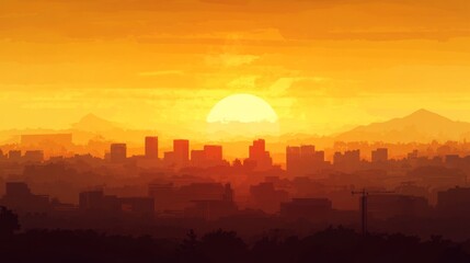 Golden Hour Sunset over City Skyline