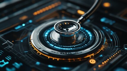 A futuristic stethoscope integrated with digital technology and data visualization.