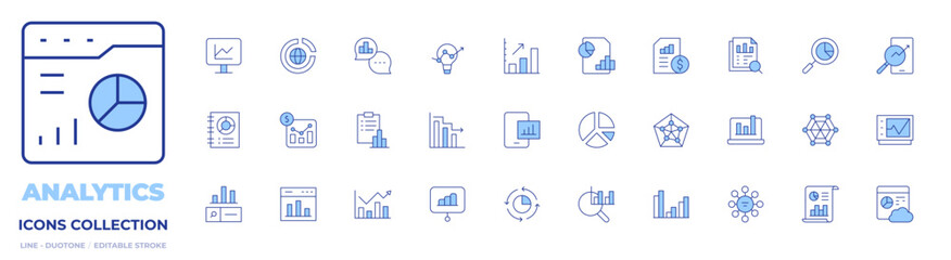 Analytics icons collection. Line Duotone style, editable stroke. radar, statistics, graph, analytics, analysis, increase, bars chart, diagram, decrease, pie chart, bar chart