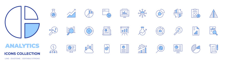 Analytics icons collection. Line Duotone style, editable stroke. search, dashboard, pie chart, analytics, data analytics, market research, seo, smartphone, computer, analytical