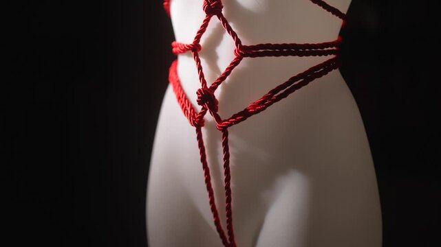 A dark, sensual slow-motion shot of a white mannequin wrapped in red silk Shibari ropes, Japanese Art, close-up panning up the body