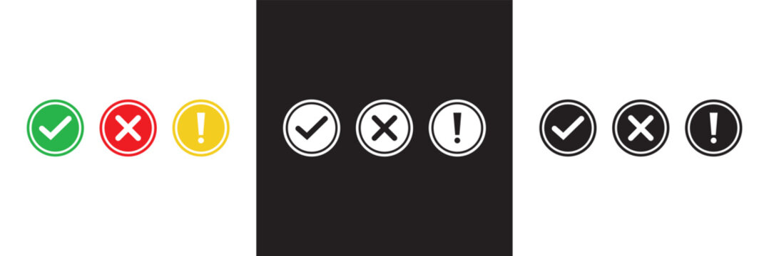 Cross, exclamation and check mark icon. Tick and cross sign business concept.  Vector illustration. isolated on white and black background. EPS 10