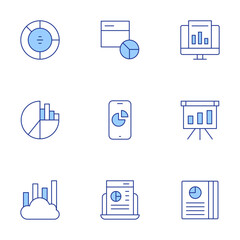 Analytics icons set. Line Duotone style, editable stroke. analytics, seo, web analytics, pie chart, smartphone