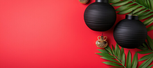 Black lanterns and gold ornaments on red background with green leaves