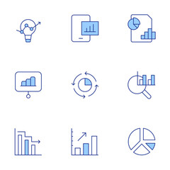 Analytics icons set. Line Duotone style, editable stroke. graph, analysis, analytics, idea, statistics, decrease, pie chart, bar chart, data analytics