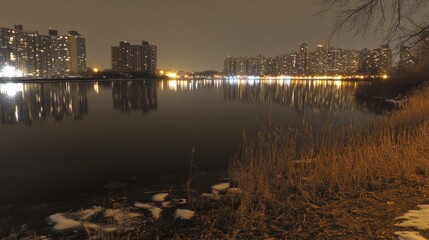 Fototapeta premium Nighttime City Skyline with Reflections in Water