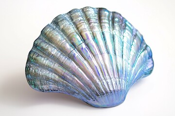 Iridescent pearl shell against a clean white backdrop, highlighting its intricate textures, ideal for luxurious ocean-themed or nature-inspired designs.