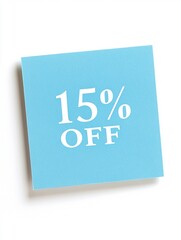 Tarjeta azul con texto de descuento del 15% en fondo blanco minimalista"
Título en inglés: "Blue Card with 15% Off Text on Minimalist White Background
