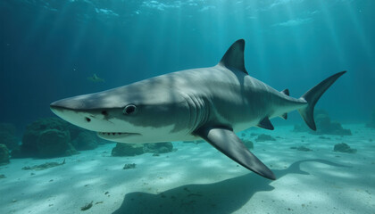 Fototapeta premium Realistic hammerhead shark swimming gracefully in clear ocean water, focus on distinctive head shape